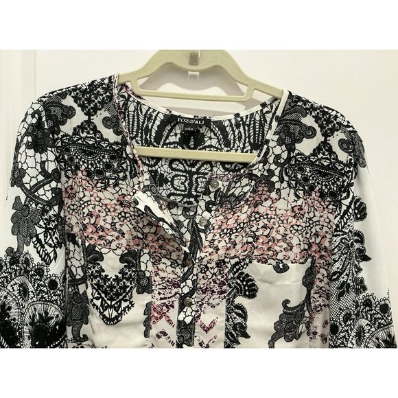 Roz And Ali Tunic Size Large Side Slits Pockets On Front White Black Pinks Flown - Picture 2 of 10